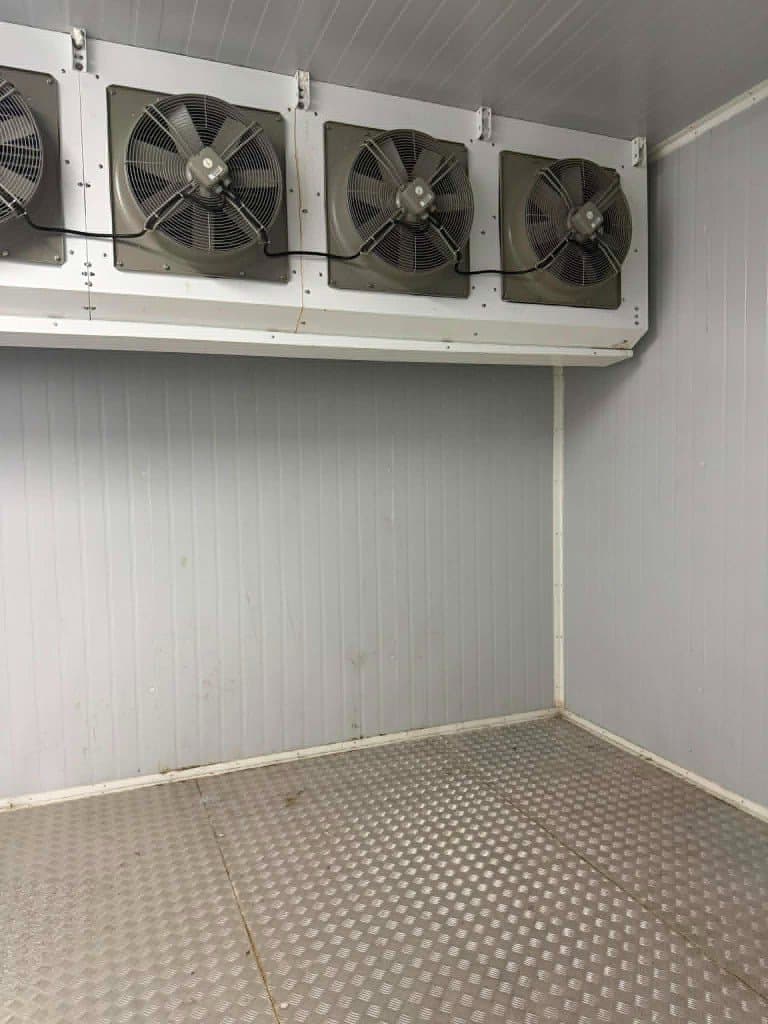 Interior of a temperature-controlled cold room with industrial evaporators