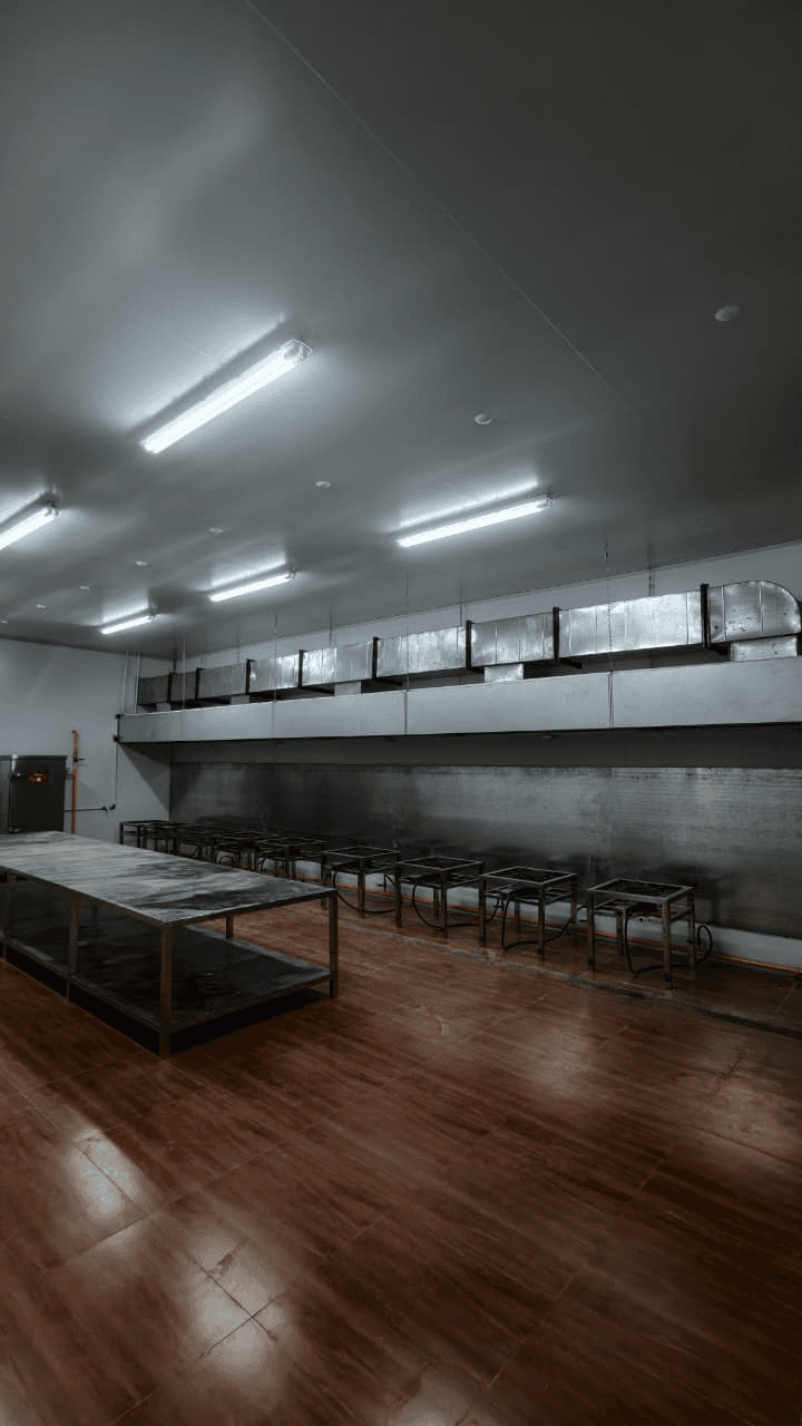 Industrial cooking stations and extraction hoods in a Timika kitchen under development